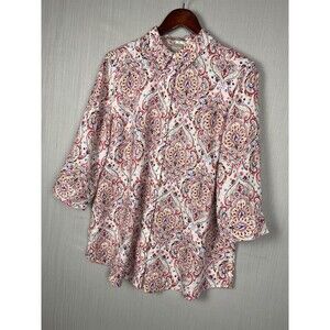 Chico's No-Iron Linen Tunic Shirt Sz 2 (US 12/14) Paisley Boho Colorful Light